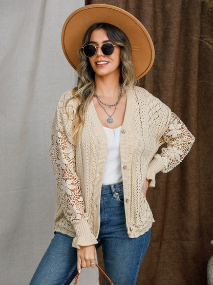 Eyelet Button Up Lantern Sleeve Cardigan Carauana Store