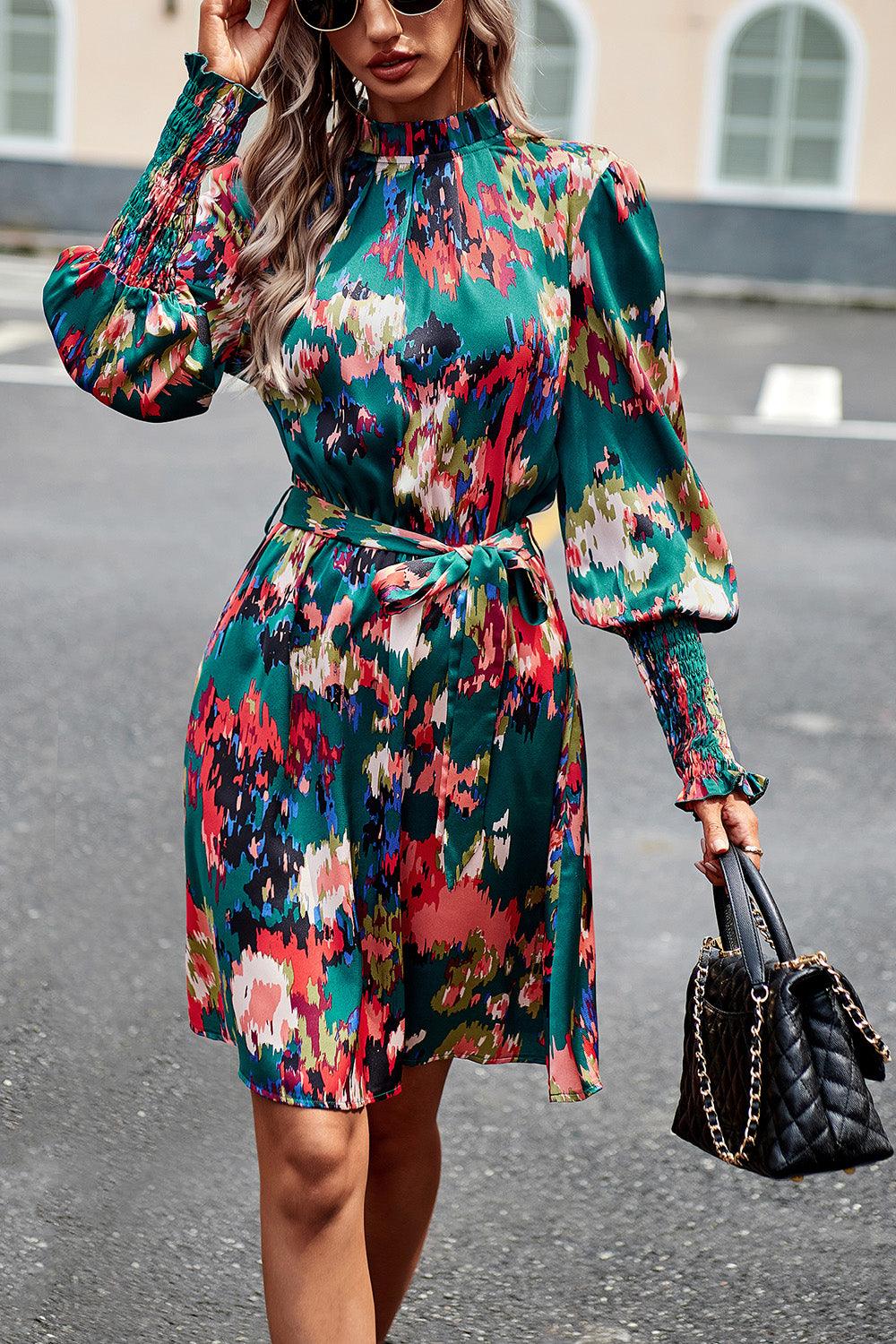 Printed Tie Waist Mock Neck Lantern Sleeve Dress Carauana Store