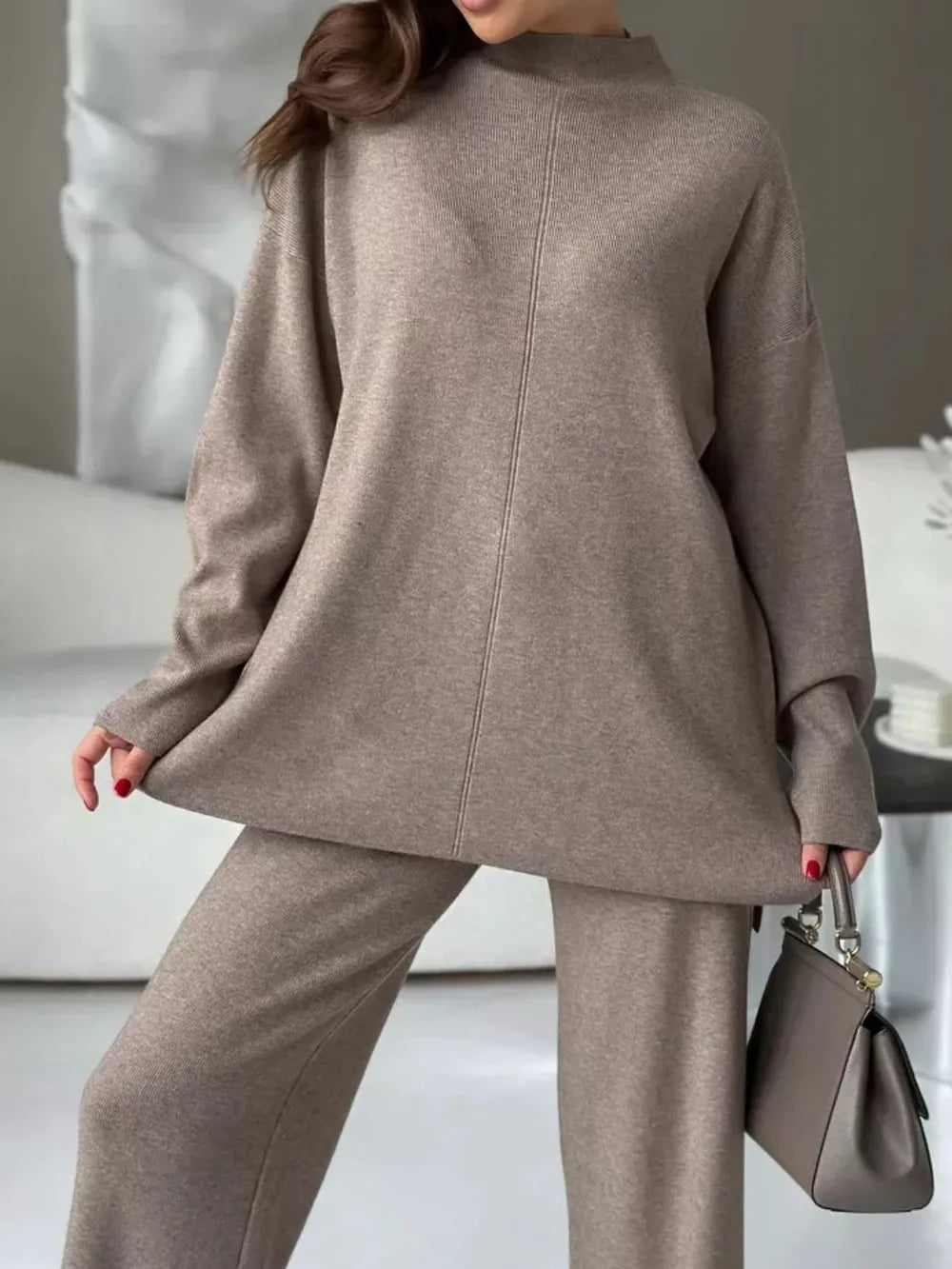 Slit Mock Neck Top and Pants Sweater Set Carauana Store