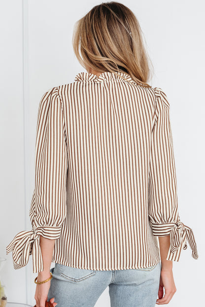 Straw Yellow Striped Print Tied Cuffs Split Neck Seersucker Blouse