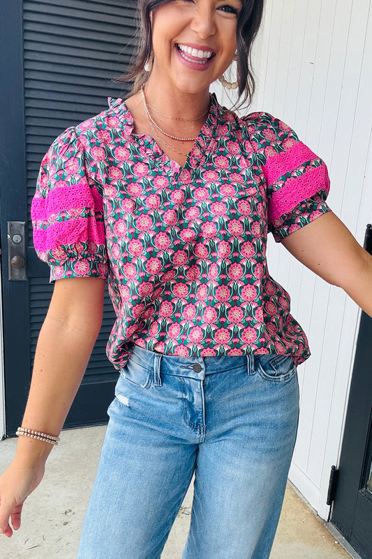 Sachet Pink V-Neck Ruffle Abstract Floral Print Puff Sleeve Top