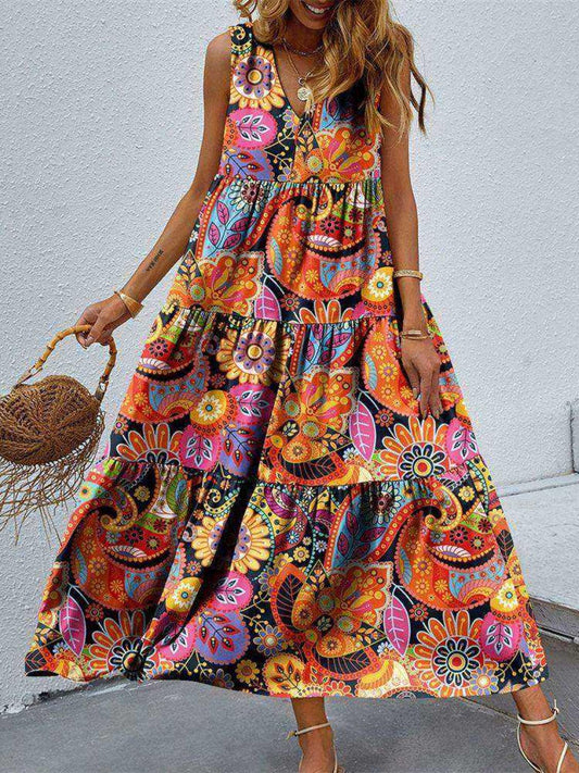 Tiered Printed V-Neck Sleeveless Dress Carauana Store