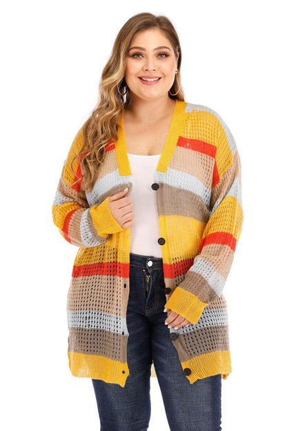 Plus Openwork Color Block Button Up Cardigan Carauana Store
