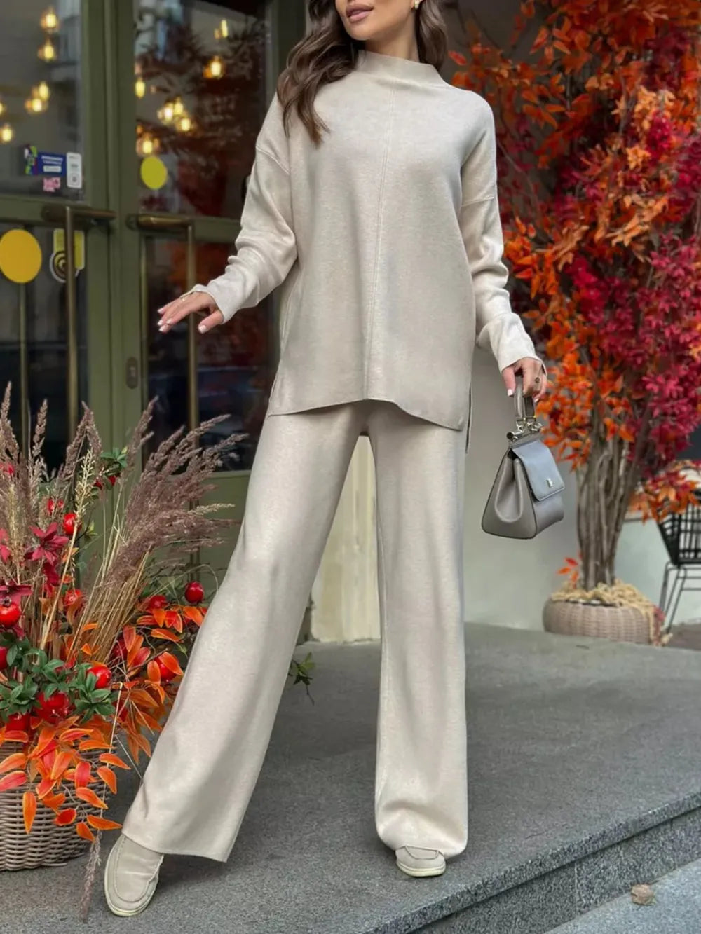 Slit Mock Neck Top and Pants Sweater Set Carauana Store