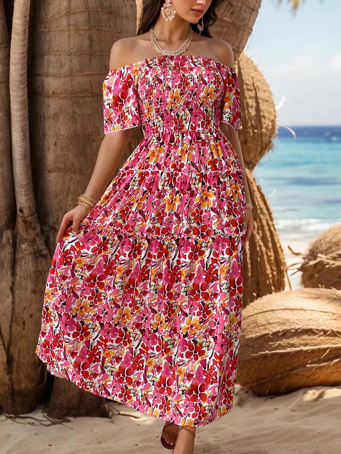 Slit Floral Off-Shoulder Short Sleeve Dress Carauana Store