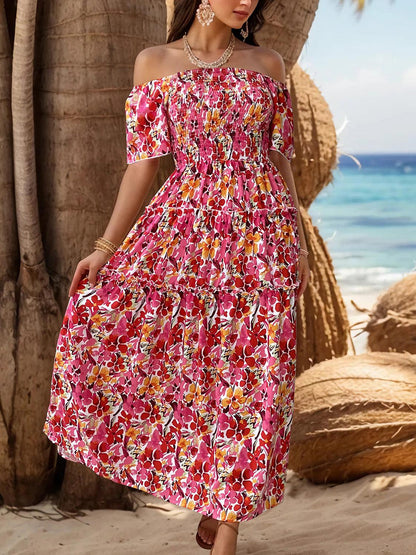 Slit Floral Off-Shoulder Short Sleeve Dress Carauana Store