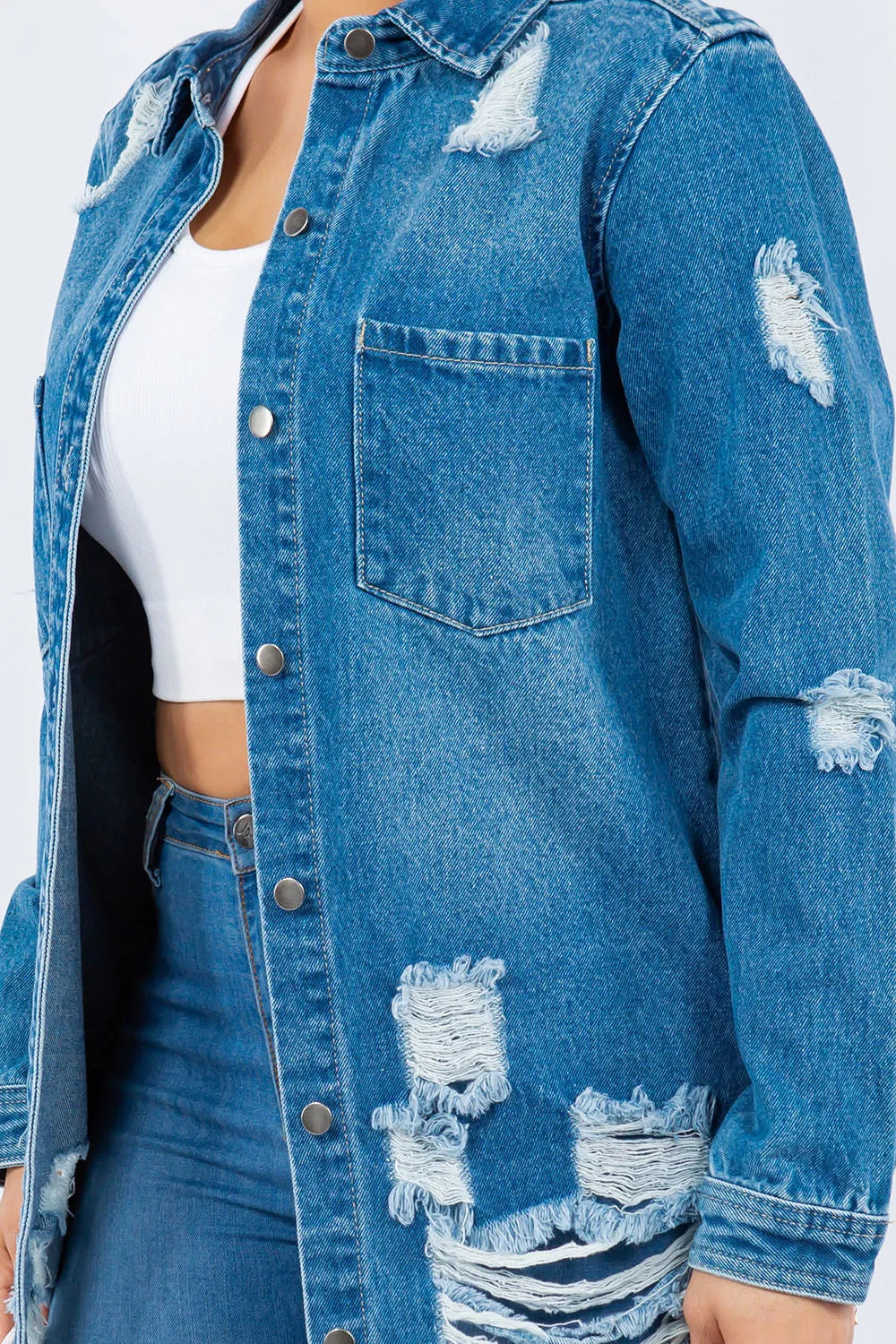 American Bazi Distressed Button Up Long Sleeve Denim Jacket Carauana Store