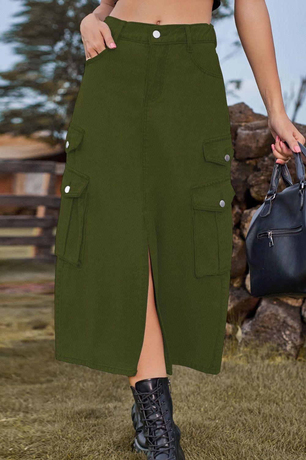 Slit Front Midi Denim Skirt with Pockets Carauana Store