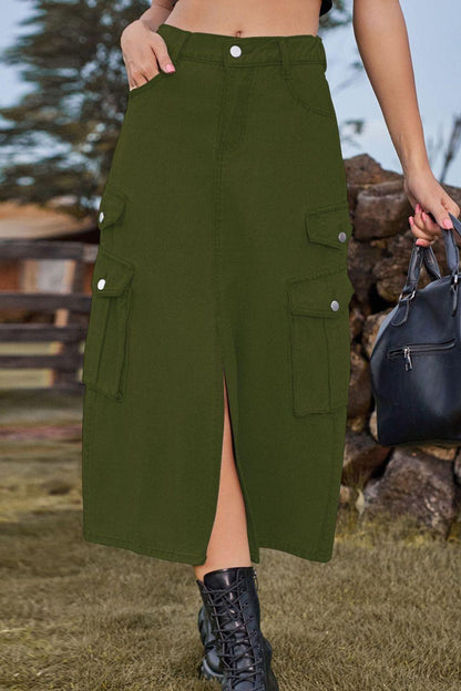 Slit Front Midi Denim Skirt with Pockets Carauana Store