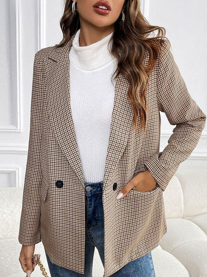 Perfee Plaid Lapel Collar Long Sleeve Blazer Carauana Store