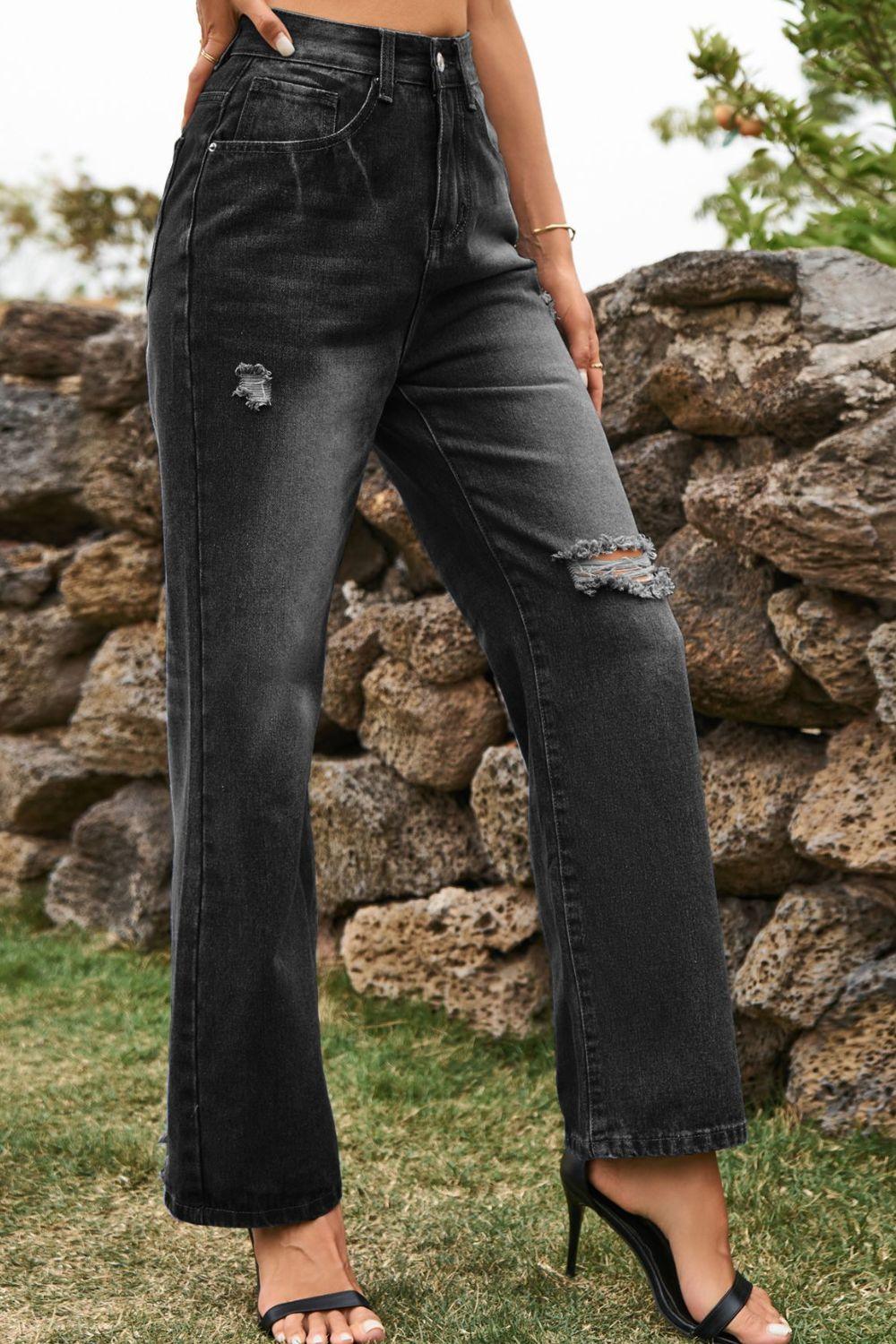 Distressed Buttoned Loose Fit Jeans Carauana Store