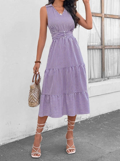Striped Johnny Collar Sleeveless Midi Dress Carauana Store