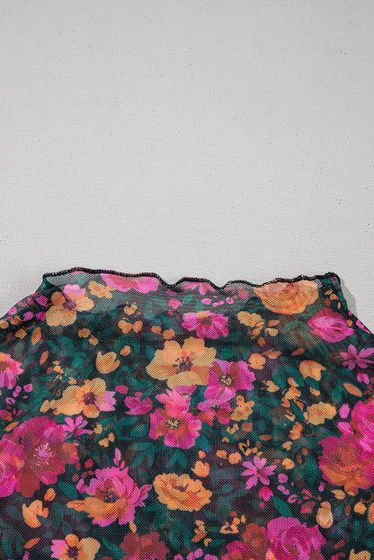 Rose Floral Print Mesh Stand Neck Short Sleeve Top