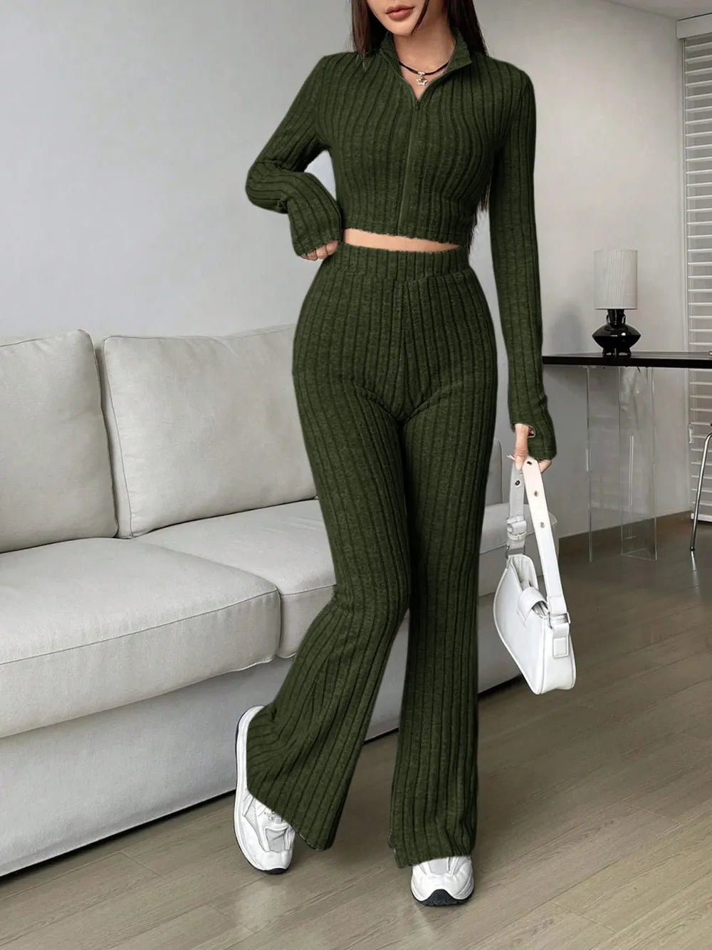 Honey Zip Up Long Sleeve Top and Pants Set Carauana Store