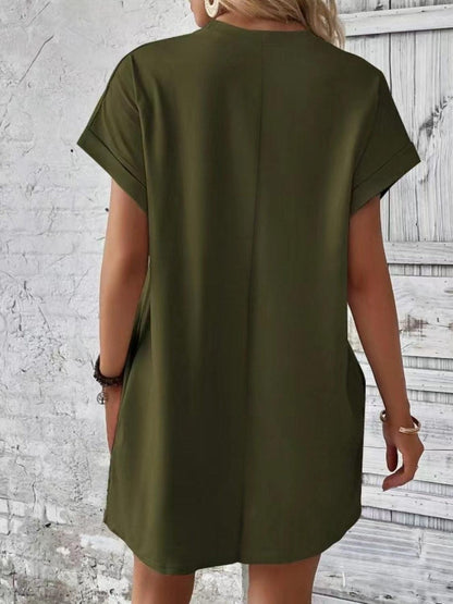 Pocketed Round Neck Short Sleeve Dress Carauana Store