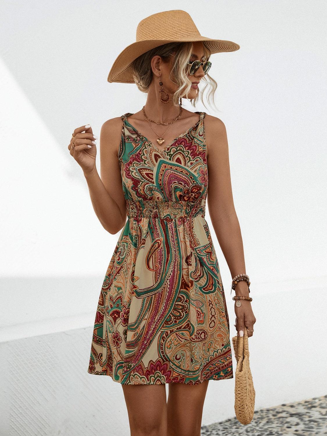 Smocked Printed V-Neck Mini Dress Carauana Store