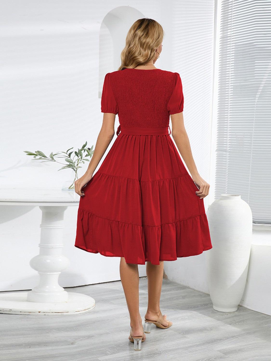 Smocked Tie Front Short Sleeve Tiered Dress Carauana Store