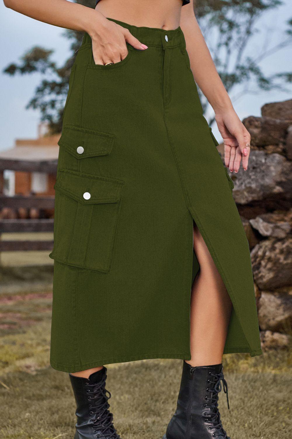 Slit Front Midi Denim Skirt with Pockets Carauana Store