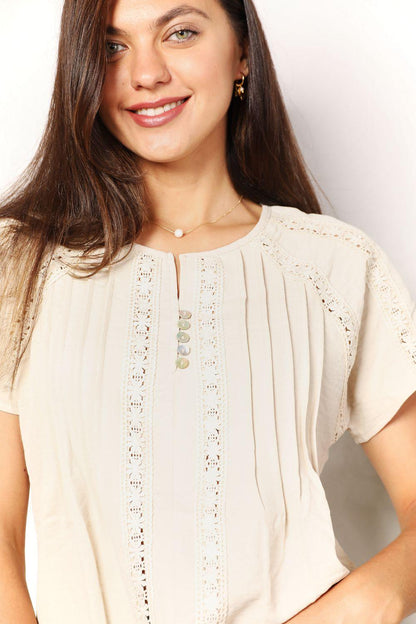 Double Take Crochet Buttoned Short Sleeves Top Carauana Store