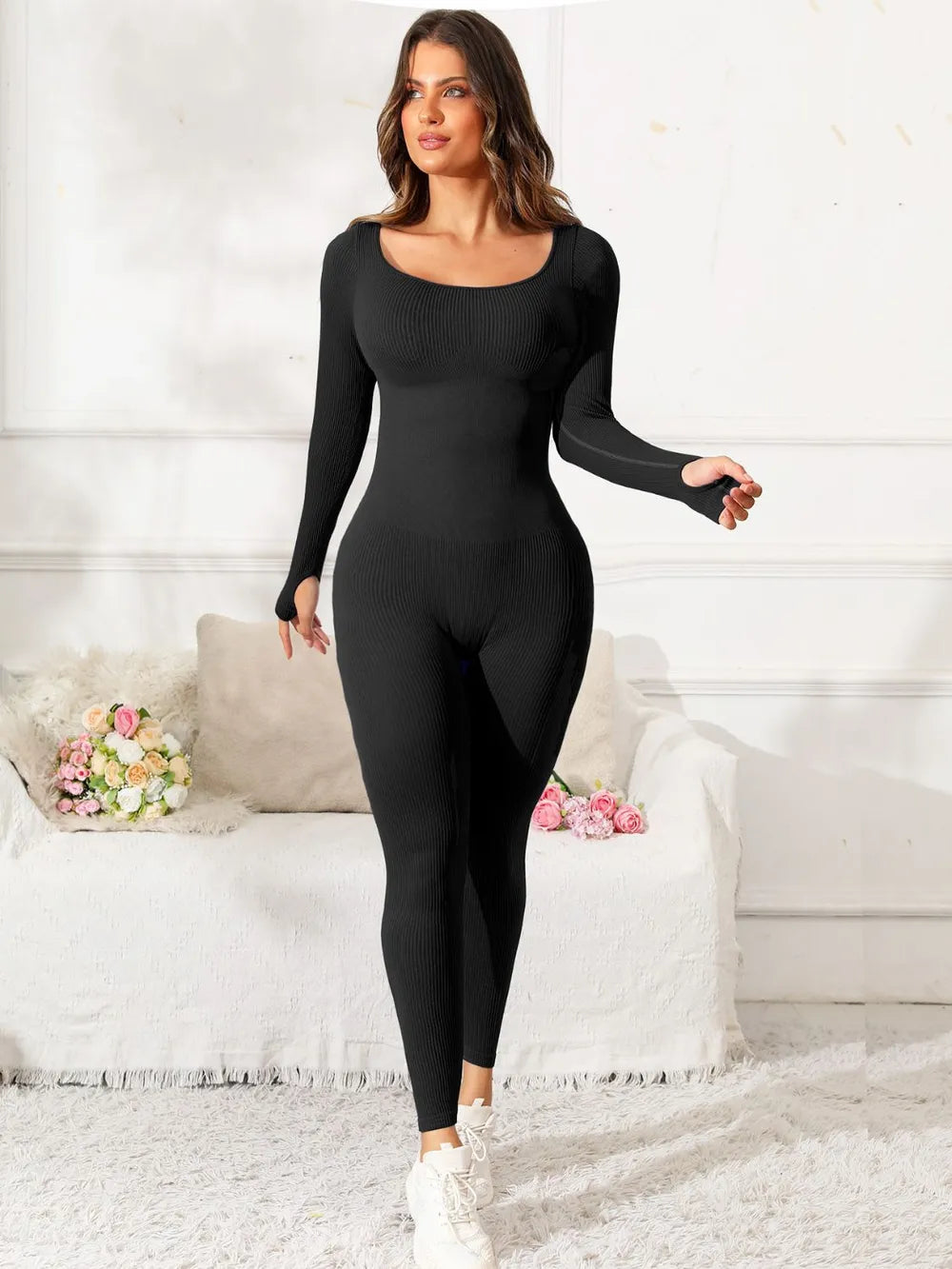Scoop Neck Long Sleeve Active Jumpsuit CaRaUaNa Fashion