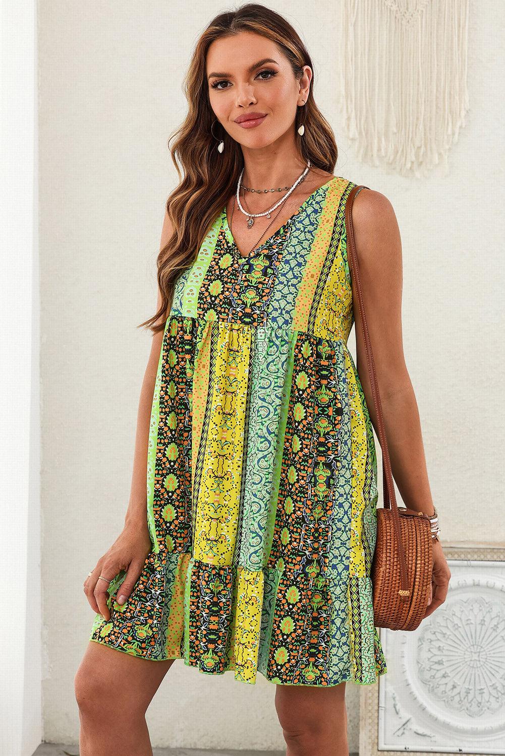 Printed V-Neck Mini Dress Carauana Store