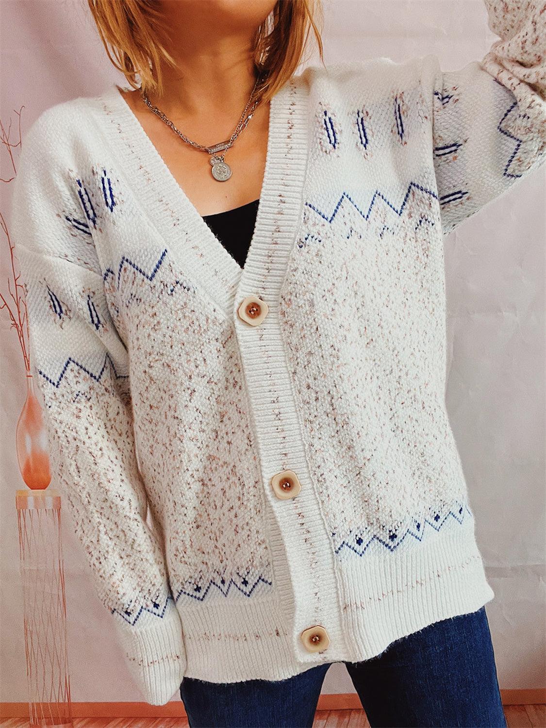 Geometric Button Front Long Sleeve Cardigan Carauana Store