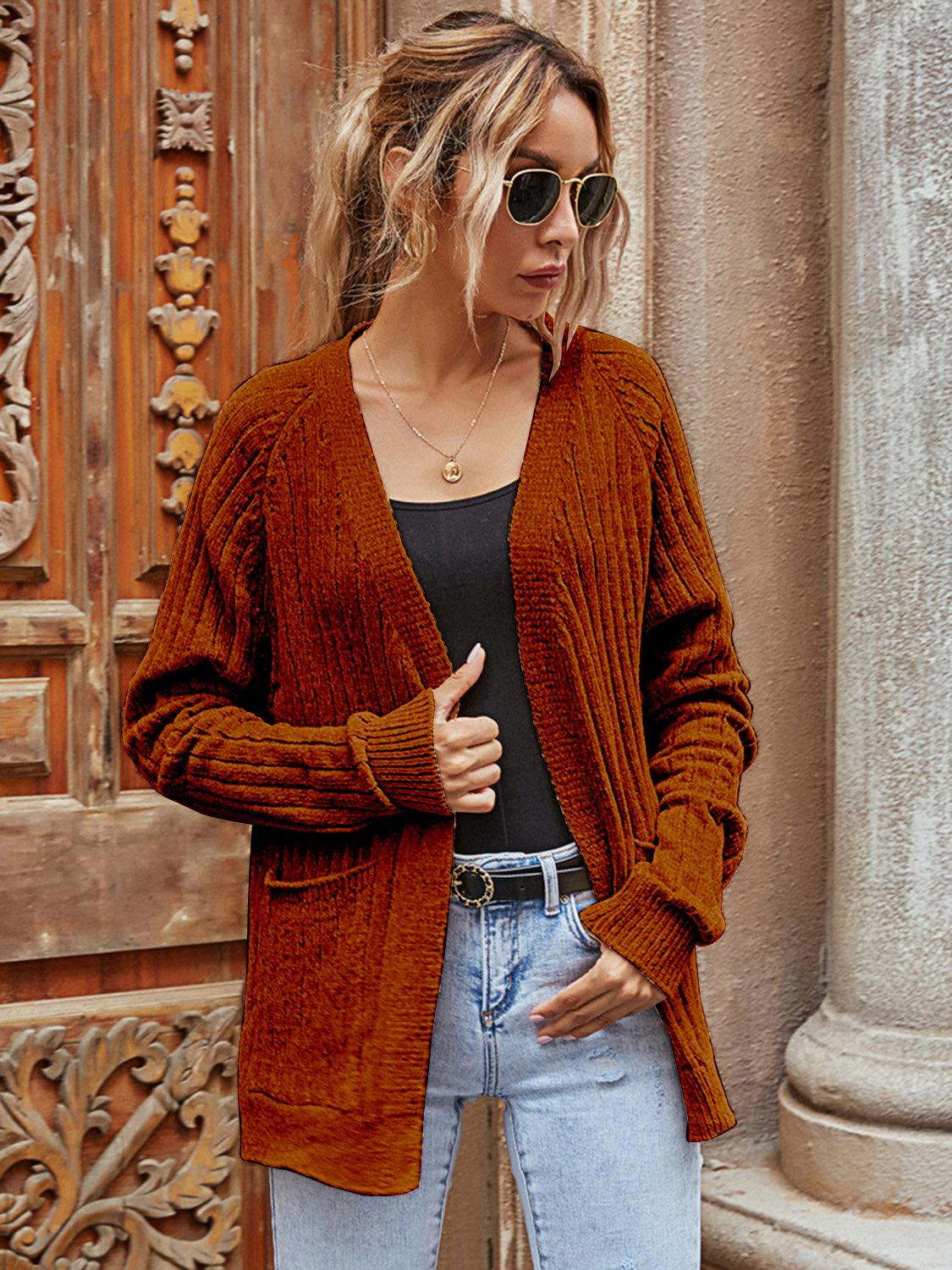 Ribbed Open Front Long Sleeve Cardigan Carauana Store