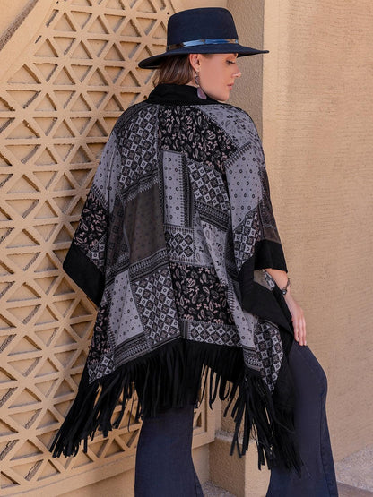 Plus Size Printed Fringe Open Front Outerwear Carauana Store