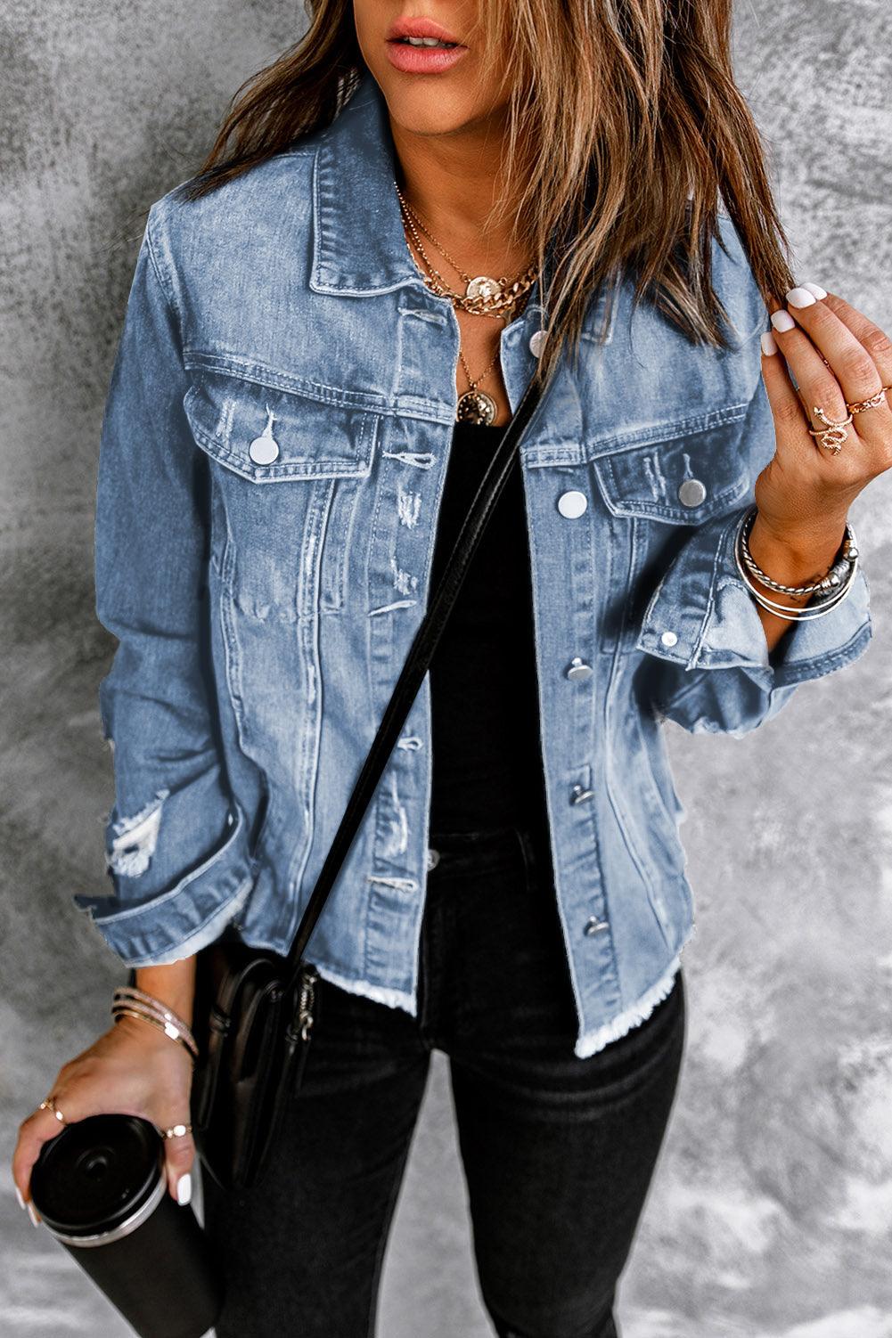 Distressed Raw Hem Denim Jacket Carauana Store