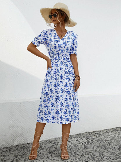 Slit Printed V-Neck Short Sleeve Dress Carauana Store