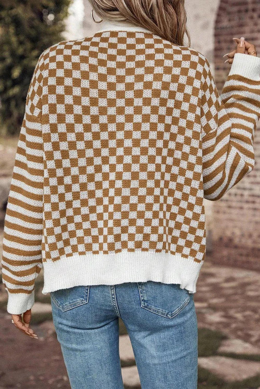 Checkered V-Neck Long Sleeve Cardigan Carauana Store
