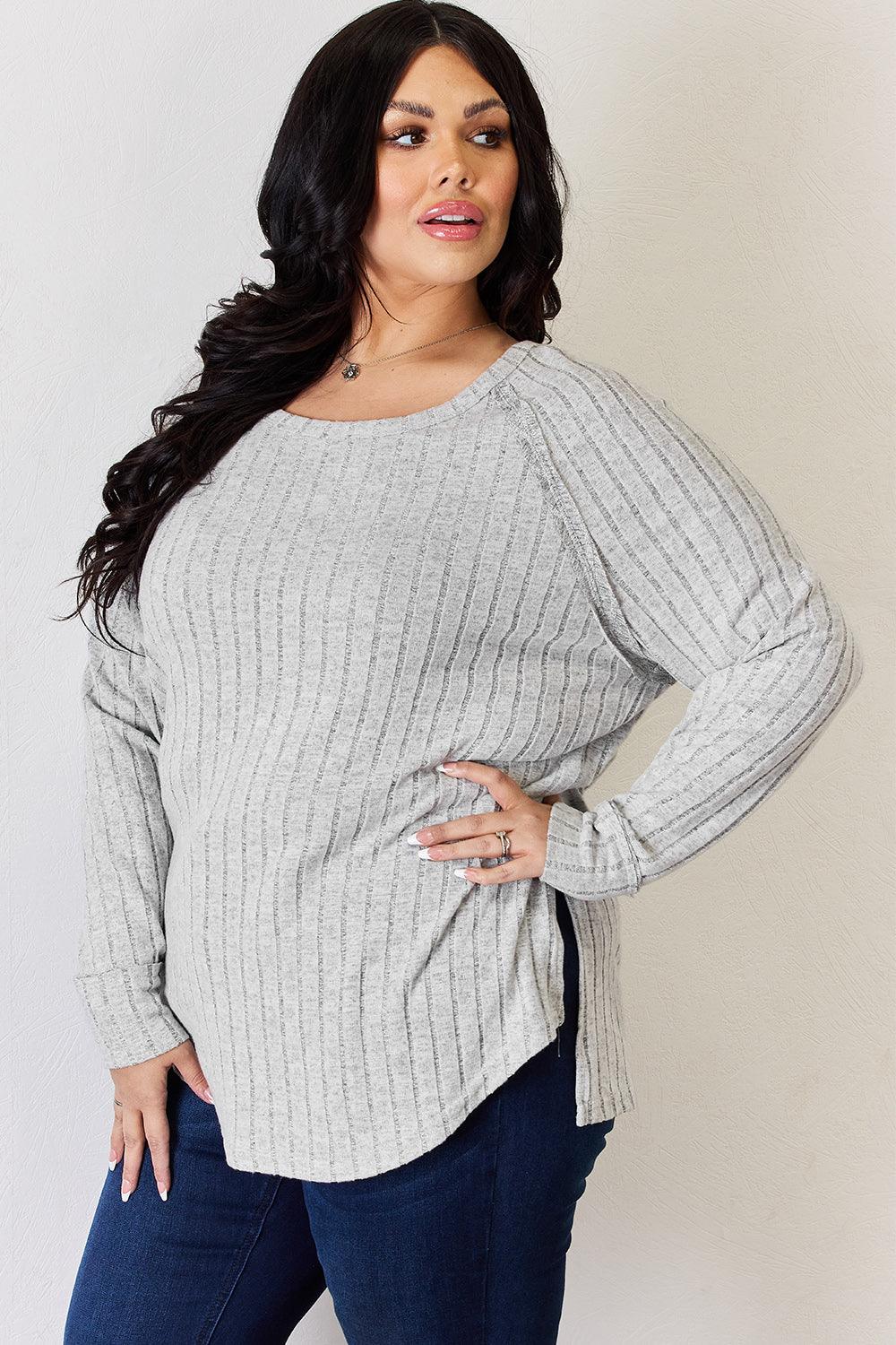 Basic Bae Full Size Ribbed Round Neck Slit T-Shirt Carauana Store