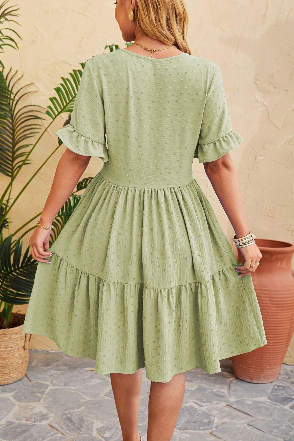 Swiss Dot Ruffled V-Neck Tiered Dress Carauana Store