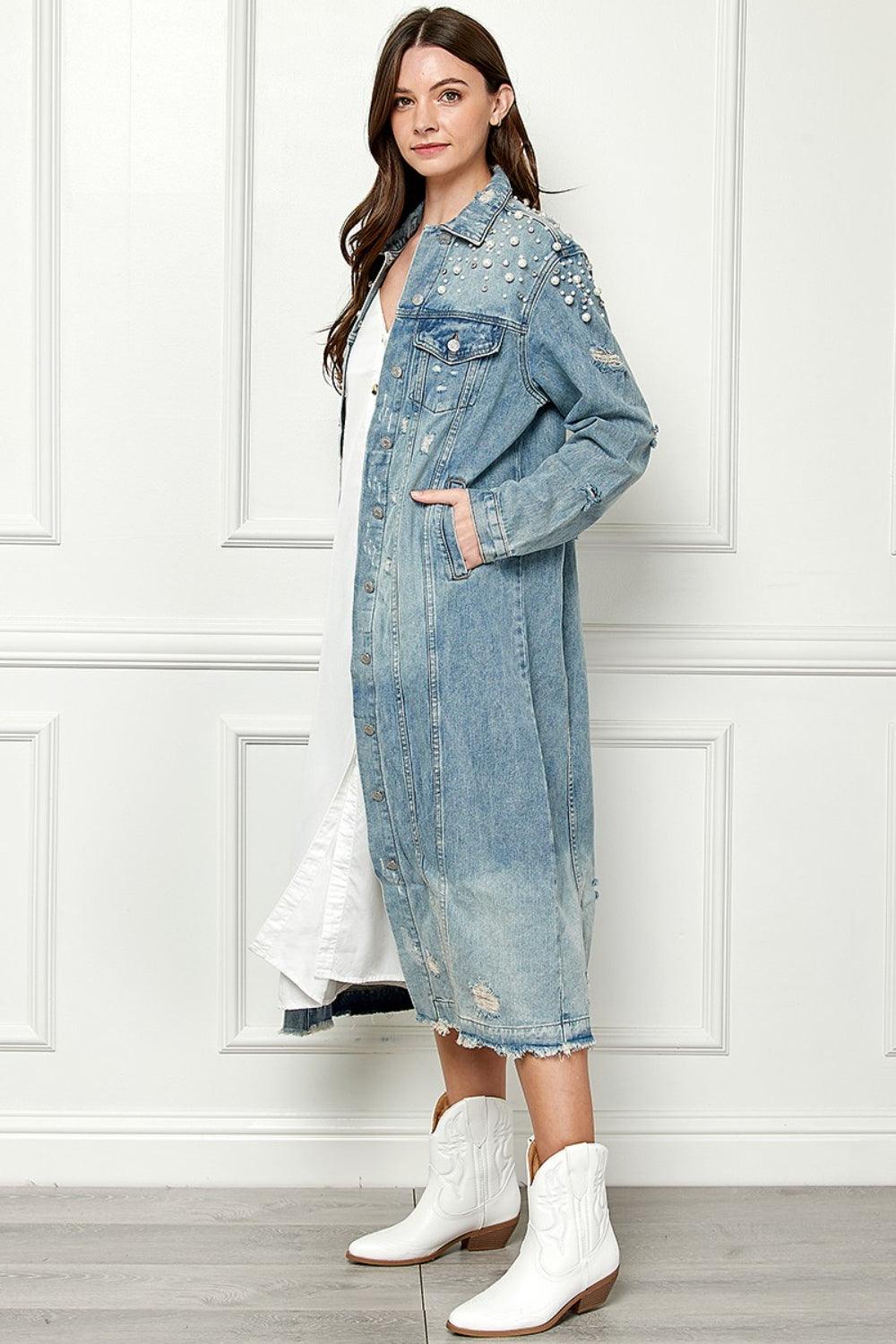 Veveret Full Size Distressed Raw Hem Pearl Detail Button Up Jacket Carauana Store