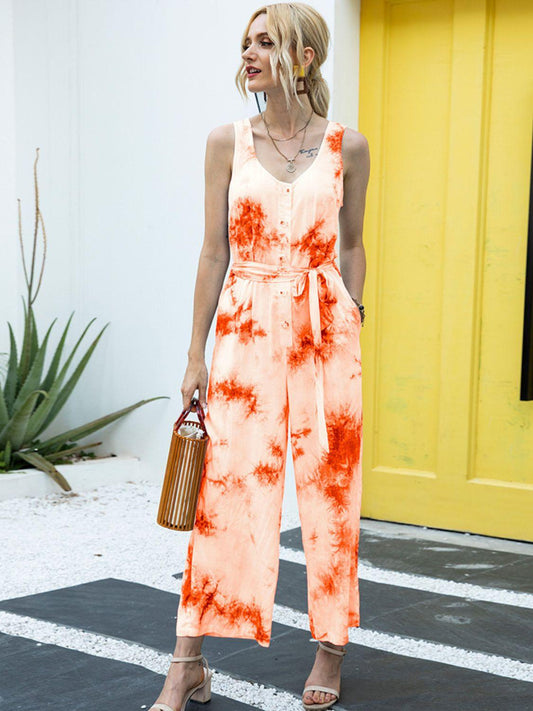 Tie-Dye Tie Waist Sleeveless Jumpsuit Carauana Store