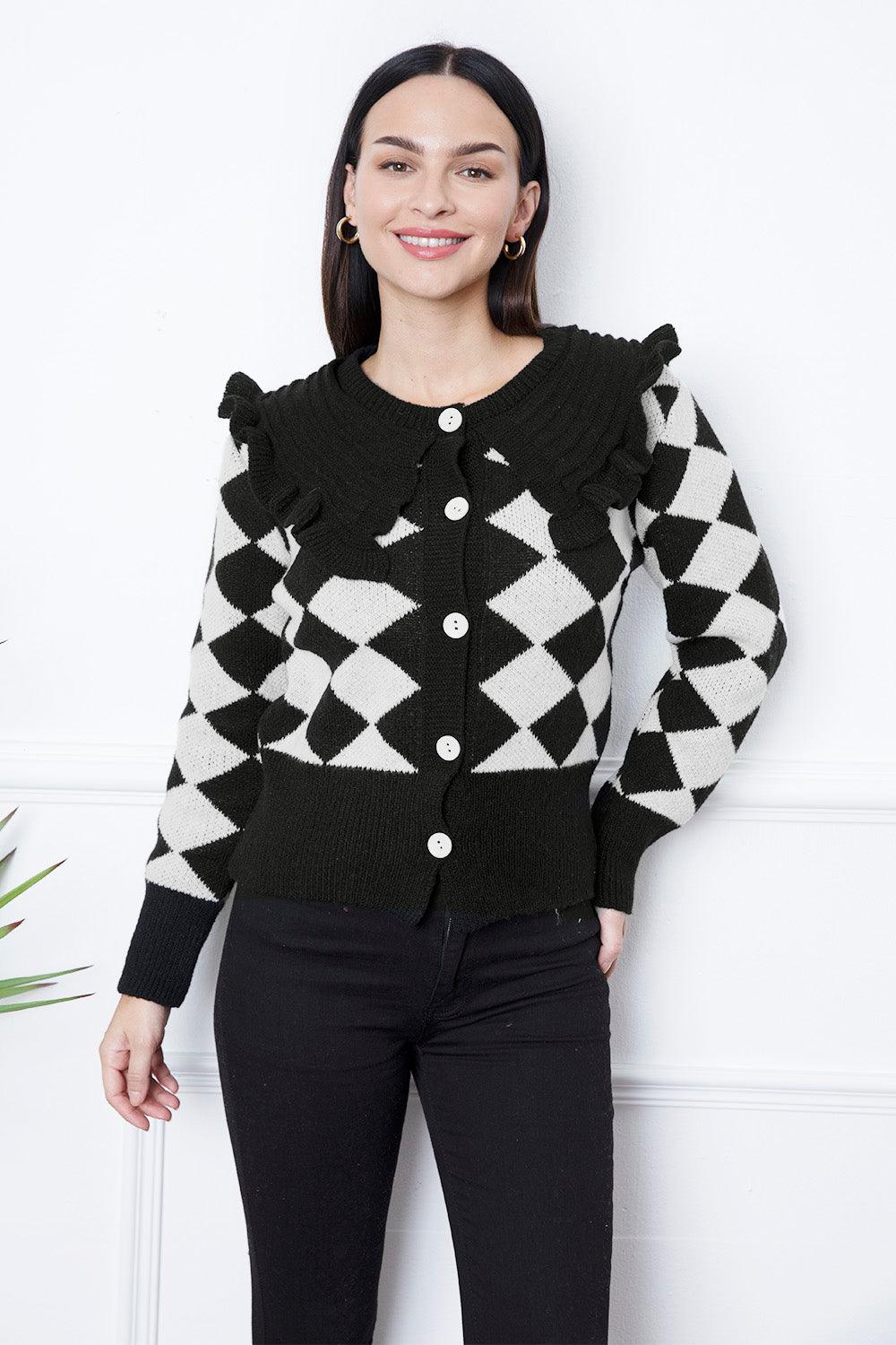 Argyle Element Button Up Ruffled Cardigan Carauana Store