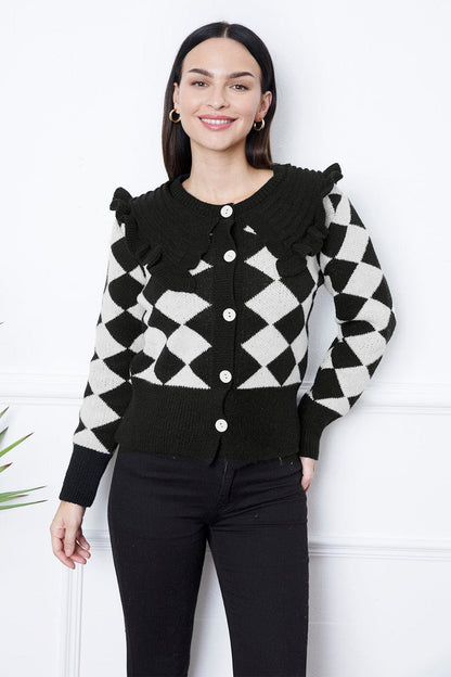 Argyle Element Button Up Ruffled Cardigan Carauana Store
