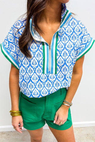 Sky Blue Western Print Zipped Collar Short Sleeve Summer Blouse Top