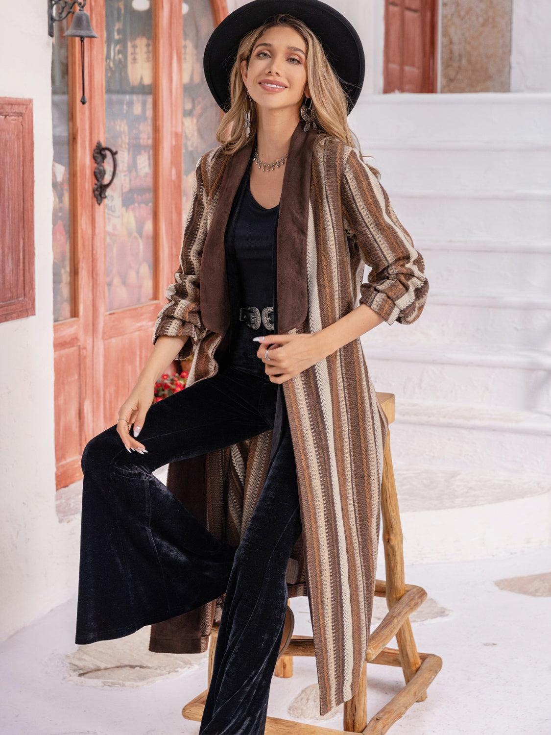 Striped Open Front Long Sleeve Outerwear Carauana Store