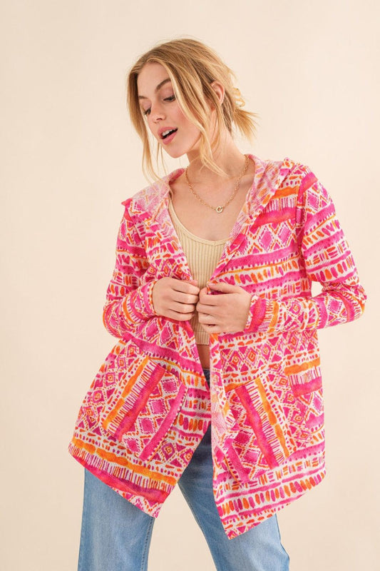 And The Why Full Size Printed Thermal Hooded Open Front Cardigan Carauana Store