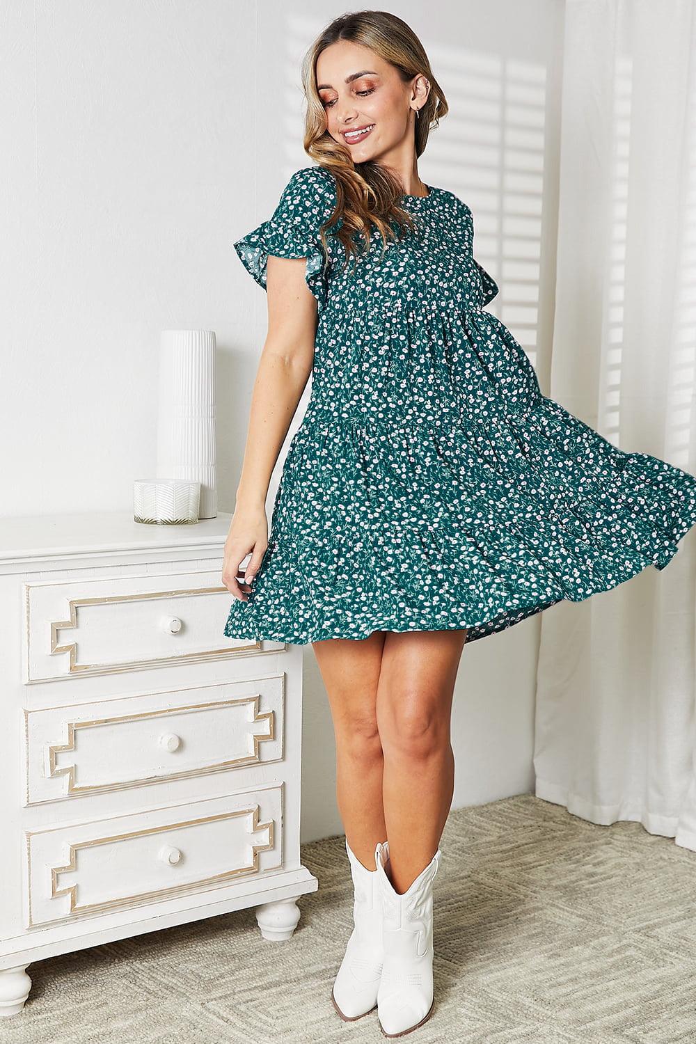 Double Take Short Flounce Sleeve Tiered Dress Carauana Store