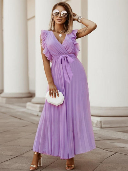 Tied Surplice Cap Sleeve Pleated Dress Carauana Store