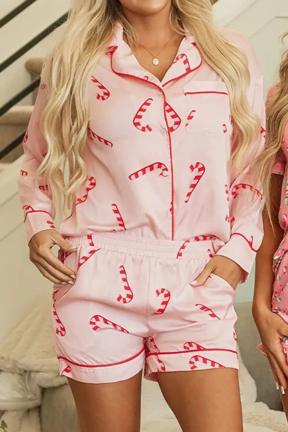 Candy Cane Collared Neck Long Sleeve Top and Shorts Lounge Set Carauana Store