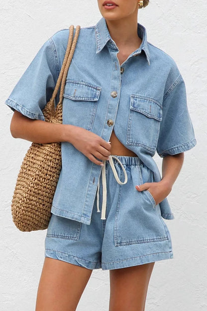 Collared Neck Button Up Top and Shorts Denim Set CaRaUaNa Fashion
