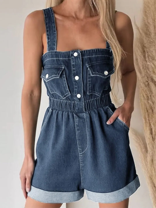 Wide Strap Denim Romper with Pockets Carauana Store