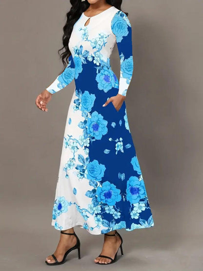 Pocketed Printed Long Sleeve Dress Carauana Store