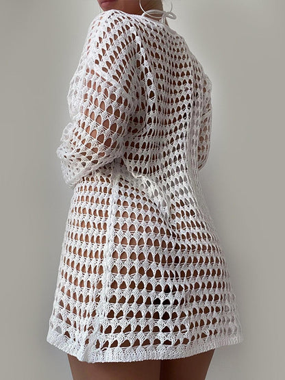 Openwork Boat Neck Long Sleeve Cover-Up Carauana Store