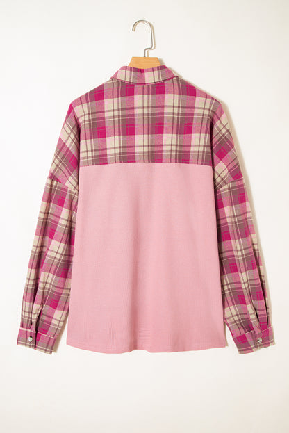 Pink Waffle Patch Pocket Plaid Patchwork Plus Size Shirt