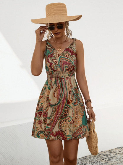 Smocked Printed V-Neck Mini Dress Carauana Store