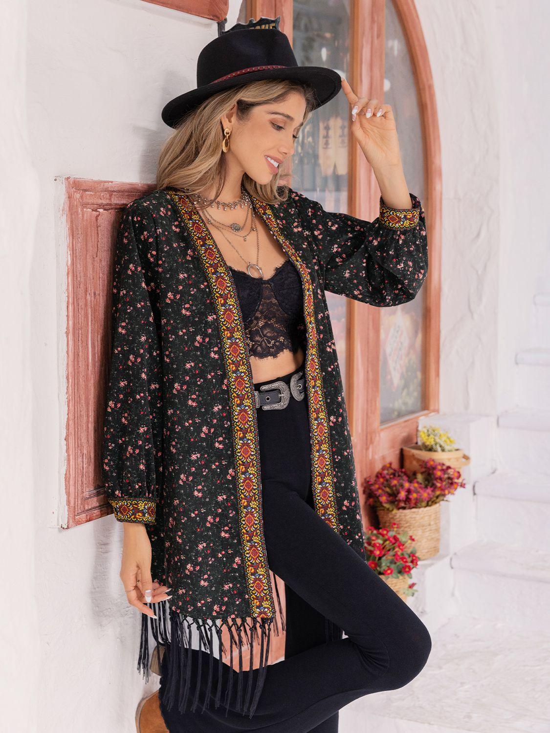 Printed Fringe Detail Cardigan Carauana Store